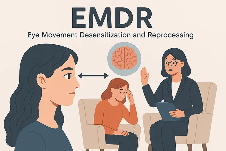 Diagrama de las 7 fases de la terapia EMDR: historia, preparación, evaluación, desensibilización, instalación, escaneo corporal, cierre y reevaluación